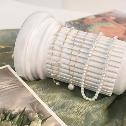 Zeffy Gold Pearl Necklace for Women, Dainty 14K Gold/Silve Plated Layered Pearl Choker Pearl Earrings Pearl Bracelets Wedding Trendy Gold Jewelry Set for Women Gifts - style: Gold Pearl Necklace-3PCS