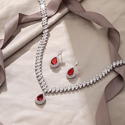EVER FAITH CZ Marquise Leaf Teardrop Wedding Prom Jewelry Set for Women | Birthstone Pendant Necklace Dangle Earrings - color: Red
