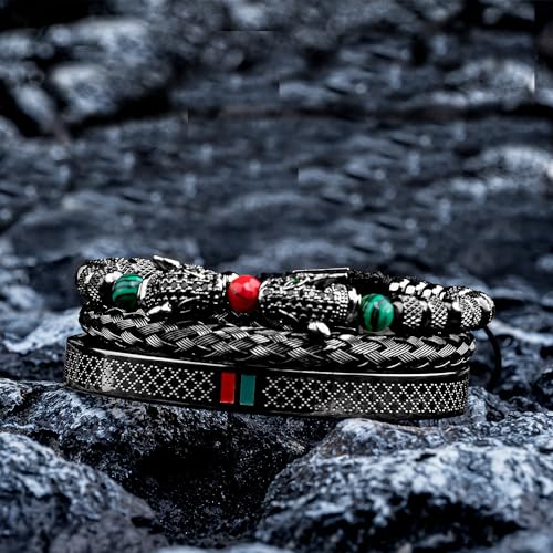 3pcs/set Classical Handmade Braiding Bracelet Hip Hop Men Pave CZ Leopard Head Roman Numeral Bracelet Stainless Steel Jewelry - color: 3pcs S Double Leopard Head Black