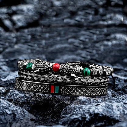 3pcs/set Classical Handmade Braiding Bracelet Hip Hop Men Pave CZ Leopard Head Roman Numeral Bracelet Stainless Steel Jewelry - color: 3pcs S Double Leopard Head Black