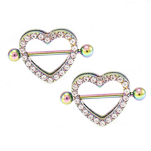 14G Stainless Steel CZ Paved Heart Nipple Rings Nipple Piercing Jewelry for Women 7/8 Inch 22mm - color: Rainbow - Clear CZ