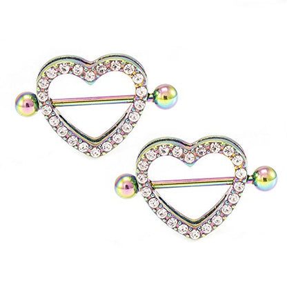 14G Stainless Steel CZ Paved Heart Nipple Rings Nipple Piercing Jewelry for Women 7/8 Inch 22mm - color: Rainbow - Clear CZ