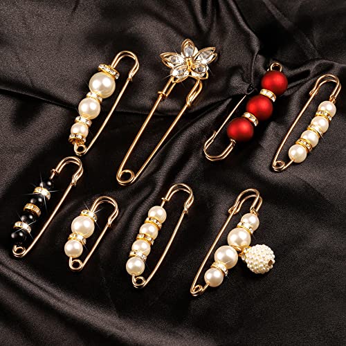 8 Pcs Fashion Pearl Brooch Set, Handmade Faux Pearl Brooches,Sweater Shawl Dress Clip,Waist Pants Extender Safety Pin for Women
