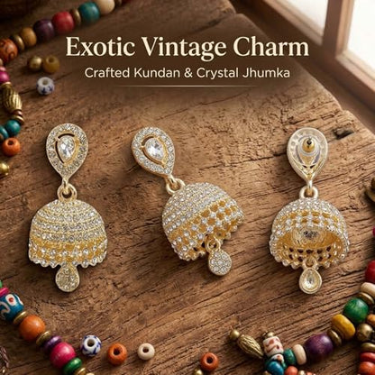 Boho Crystal Teardrop Earrings Vintage Jhumki Bel Dangle Earrings with Bell Pendant Lightweight Alloy