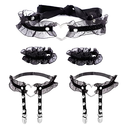 Eigso Velvet Gothic Garter for Women Heart Leg Ring with Rivets Elastic Lace Bracelets Choker Set - color: Black