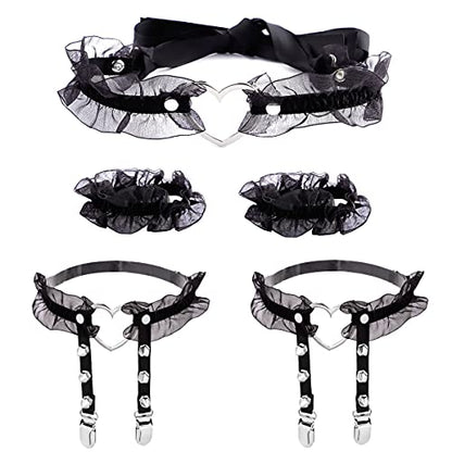 Eigso Velvet Gothic Garter for Women Heart Leg Ring with Rivets Elastic Lace Bracelets Choker Set - color: Black