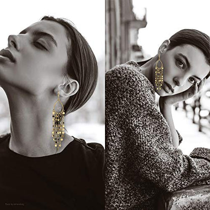 Bohemian Boho Tassel Dangle Drop Earrings for Women – Lightweight Filigree Gypsy Coin Chandelier Disc Charm Hoops – included Gift Box - style: Teardrop - Gold