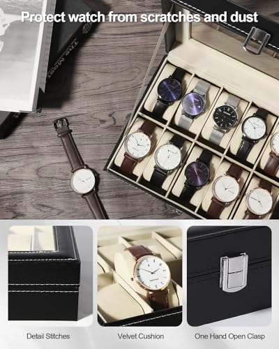 Uten Watch Box, 10 Slots Watch Case, Watch Box Organizer Jewelry Storage with Large Glass Lid, Watch Display Case, Watch Box for Men & Women | Black Watch Cases for Men and Women, removable Pillow, Velvety Inner Lining, Gifs for Graduation, Thanksgiving,