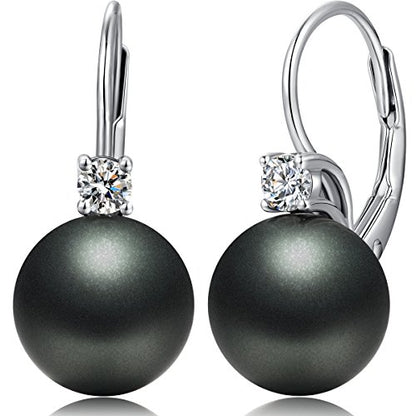 925 Sterling Silver Pearl Leverback Earrings for Women Cubic Zirconia Pearl Jewelry 10MM - color: A: Leverback-Black
