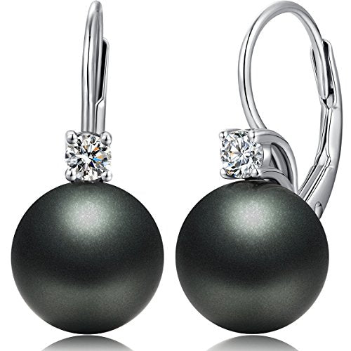 925 Sterling Silver Pearl Leverback Earrings for Women Cubic Zirconia Pearl Jewelry 10MM - color: A: Leverback-Black