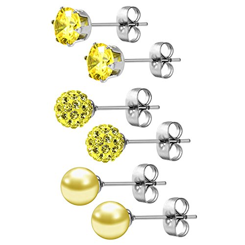 JewelrieShop Birthstone Studs Earring Set Cubic Zirconia Rhinestones Crystal Ball Faux Pearl Stainless Steel Stud Earrings for Women Jewelry Gift (6mm Round,3 Pairs) - color: 11) Nov. - Yellow