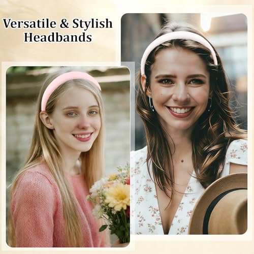 Headbands for Women Non Slip Thick Padded Black White Pink Brown Headband Cute Fabric Sofa Headbands for Girls Wide Head Bands for Women's Hair Summer Short Hair Accessories for Girls 4PCS