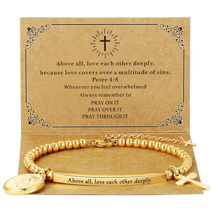DS Inspirational Bracelet for Women Christian Engraved Bibler Verse Cross Butterfly Daisies Charm Bracelet, Exquisite Stainless Steel Jewelry Daughter Best Friend Bestie - style: Above all, love each other deeply.-Peter 4:8-Gold