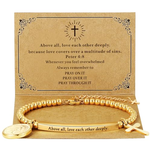DS Inspirational Bracelet for Women Christian Engraved Bibler Verse Cross Butterfly Daisies Charm Bracelet, Exquisite Stainless Steel Jewelry Daughter Best Friend Bestie - style: Above all, love each other deeply.-Peter 4:8-Gold