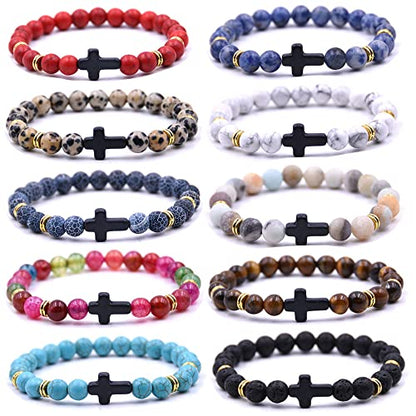 Beaded Bracelets Cross Bracelet for Women Men Lava Rock Turquoise Tiger Eye Natural Bracelet Anxiety Healing - color: 10 Pcs- black cross