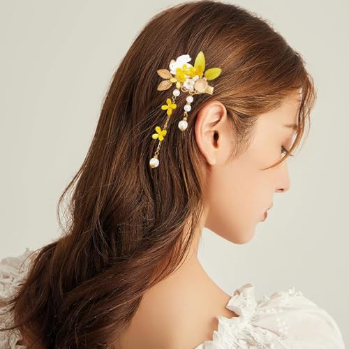 A Pair Wedding Hair Clips, Handmade Floral Design Crystal Hair Clips Pearl Barrettes, Rhinestones Flower Clips Pearl Headpieces Hair Pins Hair Accessories for Women Girls (Yellow) - color: Yellow