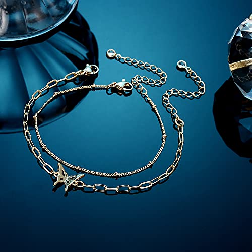 Dainty Gold Bracelets for Women, 14K Gold Plated Adjustable Layered Beads Bracelet Cute Evil Eye Oval Chain Pearl Bar Turtle Gold Bracelets for Women Jewelry - style: Beads Chain&Butterfly