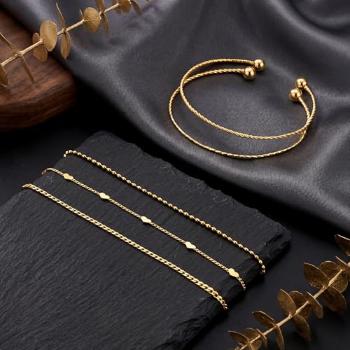 Dainty Gold Bracelet for Women Trendy Non Tarnish, Thin Bracelets Stackable Set with Bangle Cuff, Box, Herringbone, Paperclip, Figaro, Sparkling Link Chains Waterproof, Simple Jewelry Gifts for Women - color: Gold-cuban/cuff/heart/beaded/twisted/rope