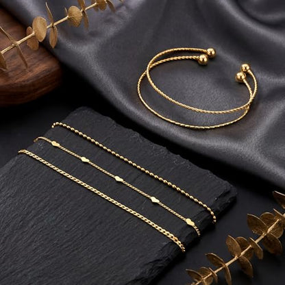 Dainty Gold Bracelet for Women Trendy Non Tarnish, Thin Bracelets Stackable Set with Bangle Cuff, Box, Herringbone, Paperclip, Figaro, Sparkling Link Chains Waterproof, Simple Jewelry Gifts for Women - color: Gold-cuban/cuff/heart/beaded/twisted/rope