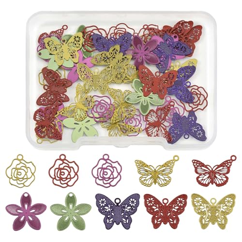 8-64Pcs Silver Goldern Color Heart Pendants Charms 10 Styles Heart Stainless Steel Metal Charms for Jewelry Making Crafting Necklaces Bracelets Earrings Keychains Birthday Gift - color: Hollow Butterfly Flower-40 pcs