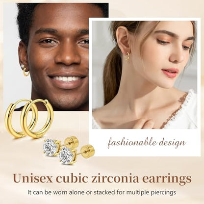Hypoallergenic Surgical Steel Earrings, 20G Sparkling Cubic Zirconia (CZ) Flat Back Studs & Hoops, Earrings for Sensitive Ears, Cartilage & Helix Piercing Jewelry - color: golden