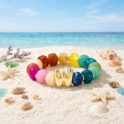 Bubble Initial Chunky Beaded Bracelet for Women Colorful Resin Bead Trendy Statement Big Stretch Bracelets Summer Beach Boho Charm Jewelry Cute Gifts for Women - color: Initial W