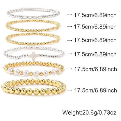 Silver Gold Beaded Bracelets for Women Stackable 14K Gold Plated Beads Ball Cross Bracelet Stack Non Tarnish Elastic Stretch Trendy Jewelry Christian Friendship Christmas Gifts for Women - color: 6pcs-White Cross