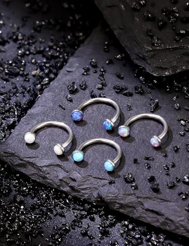 16G Horseshoe Septum Nose Ring Piercing Jewelry Stainless Steel Internal Thread Circular Barbell Daith Rook Earring Snake Bite Lip Ring Piercing Jewelry for Women Men 16 Gauge Opal Silver - style: 16G, 8mm, Inlay Opal