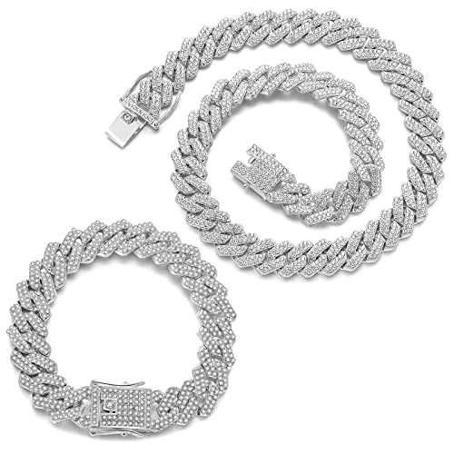 JUNVirtuous 2 Pieces Cuban Link Chain Mens Iced Out Miami Cuban Necklace and Bracelet Silver Bling Diamond Hip Hop Jewelry for Men and Women… - color: Silver, style: 8" Bracelet and 16" Necklace