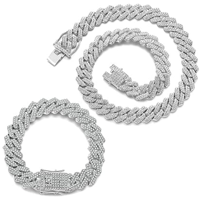 JUNVirtuous 2 Pieces Cuban Link Chain Mens Iced Out Miami Cuban Necklace and Bracelet Silver Bling Diamond Hip Hop Jewelry for Men and Women… - color: Silver, style: 8" Bracelet and 18" Necklace