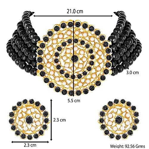 Aheli Pearl Diamond Choker Necklace & Round Earrings Gift for Women Indian Traditional Bollywood Fashion Bharatanatyam jewellery set - color: Black