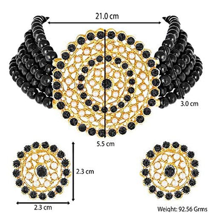 Aheli Pearl Diamond Choker Necklace & Round Earrings Gift for Women Indian Traditional Bollywood Fashion Bharatanatyam jewellery set - color: Black