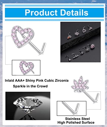 Tornito 16Pcs Nose Stud Rings L Screw Shaped Nose Ring Flower Snake Butterfly Heart Eye CZ Dangle Nose Rings Stud Body Piercing Jewelry for Women Men 20G Silver Pink Tone - color: A:Pink Tone