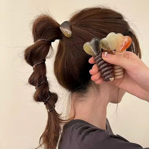 4Pcs Telephone Wire Hair Bands Spiral Hair Ties,Heart Decor Straight Phone Cord Hair Ties No Damage Coil Hair Ties Telephone Cord Hair Ties for Thick Hair Ponytail Holders Accessories for Women Girls