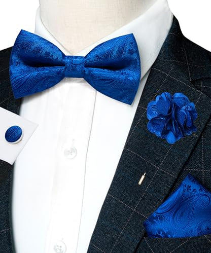 JEMYGINS Mens Paisley Bow Tie and Lapel Pin Necktie Pocket Square and Tie Clip with Sets for Business Casual 4PCS - color: Royal Blue