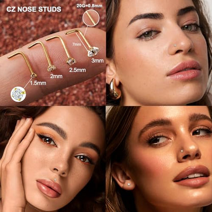 20G/18G Nose Studs Stainless Steel Nose Piercing Nose Ring Set I L S Shape Body Piercing Nose Hoop Ring for Women Men - color: D-12PC-Gold