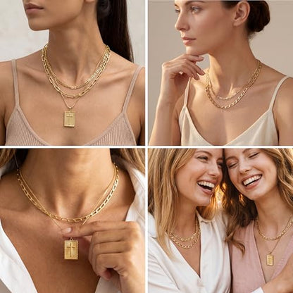 Cross Necklace for Women Girls, 14K Gold Plated Dainty Pendant Necklaces Set, Cute Trendy Faith Christian Religious Everyday Jewelry Gifts Aesthetic Accessories Non Tarnish