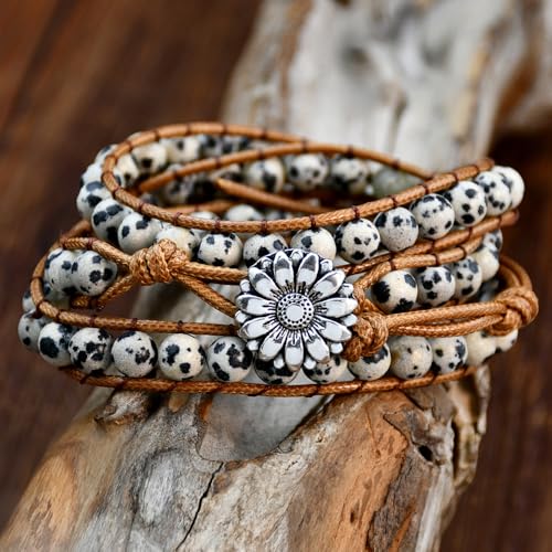 Boho Wrap Bead Bracelet for Women - Handmade Adjustable Natural Stone Beaded Bracelets Yoga Healing Bracelet Bangle Hippie Jewelry - color: almation Jasper