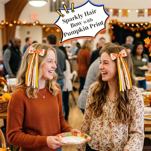 2PCS Fall Hair Bows with Long Streamers 3.54 Inch Hair Clips | Handmade Grosgrain Ribbon, Sparkling Sequin, 7.1 Inch Tail, for Ponytails, Thanksgiving Halloween Holiday Hair Accessories - color: Pumpkin