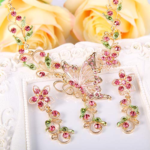 EleQueen Women's Crystal Butterfly Flower Leaf Necklace Earrings Set | Crystal Jewelry Set for Brides Bridesmaids, Necklace Set for Party - color: Gold-Tone Pink
