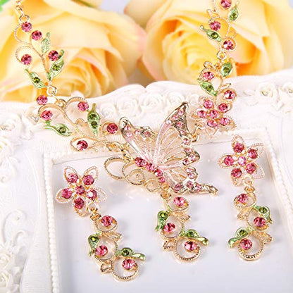 EleQueen Women's Crystal Butterfly Flower Leaf Necklace Earrings Set | Crystal Jewelry Set for Brides Bridesmaids, Necklace Set for Party - color: Gold-Tone Pink