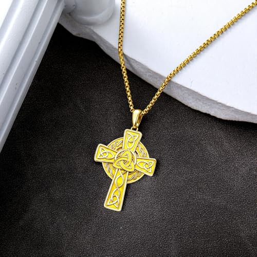 Celtic Cross Necklace For Men ，18K Gold Plated Celtic Cross Celtic Amulet Necklace Protection Jewelry Religious Gifts with 2.5mm 22"+2" Adjustable Rolo Chain - style: style1