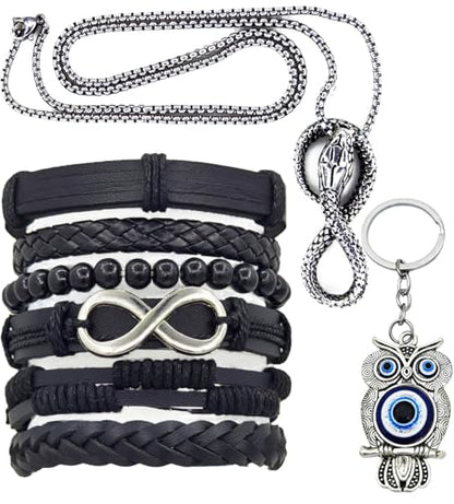 8Pcs Punk Leather Bracelet Set for Men & Women, 6Pcs Braided PU Cuffs, Necklace & Keychain, Adjustable, Stackable - style: Infinity