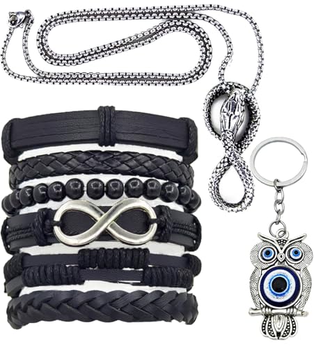 8Pcs Punk Leather Bracelet Set for Men & Women, 6Pcs Braided PU Cuffs, Necklace & Keychain, Adjustable, Stackable - style: Infinity