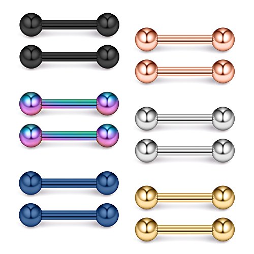 Ruifan 316L Stainless Steel Nipple PA Tongue Shield Barbell Ring Bar Body Piercing Retainer 12G 12mm 2-12PCS - color: 12PCS - Mix Color