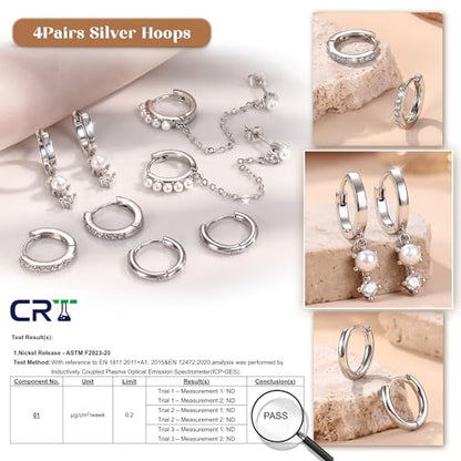 4 Pairs Small Hoop Earrings for Women 14K Gold Plated | Trendy Chain Drop Earrings Set, Hypoallergenic CZ Huggie Hoops, Lightweight Cartilage Earring Stacks - color: Silver Plated-pearl hoop