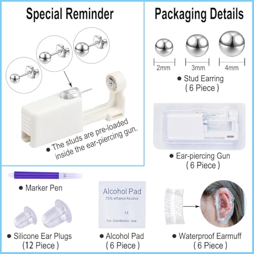 VitaCool Ear Piercing Kit Disposable Ear Piercing Gun with 2+3+4mm Stud | with Silver Ball Sterile Studs Easy and Safe Earring Self for Yourself Use at Home(Silver Ball Pattern 234mm)