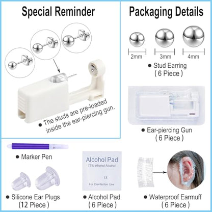 VitaCool Ear Piercing Kit Disposable Ear Piercing Gun with 2+3+4mm Stud | with Silver Ball Sterile Studs Easy and Safe Earring Self for Yourself Use at Home(Silver Ball Pattern 234mm)