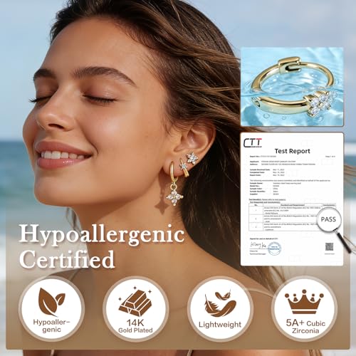 14K Gold Hoop Dangle Stud Earrings Surgical Steel Helix Piercing | Hypoallergenic,Cubic Zirconia,3 Pairs Huggie Hoop Set for Women,Dangle Stud,Cartilage Tragus Conch Earring,Jewelry Gift - color: A2-Gold Clover CZ