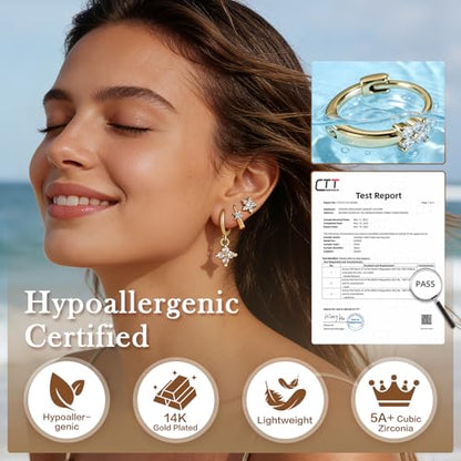 14K Gold Hoop Dangle Stud Earrings Surgical Steel Helix Piercing | Hypoallergenic,Cubic Zirconia,3 Pairs Huggie Hoop Set for Women,Dangle Stud,Cartilage Tragus Conch Earring,Jewelry Gift - color: A2-Gold Clover CZ